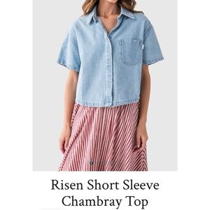 Risen Light Blue Short-Sleeve Chambray Button-Down Top